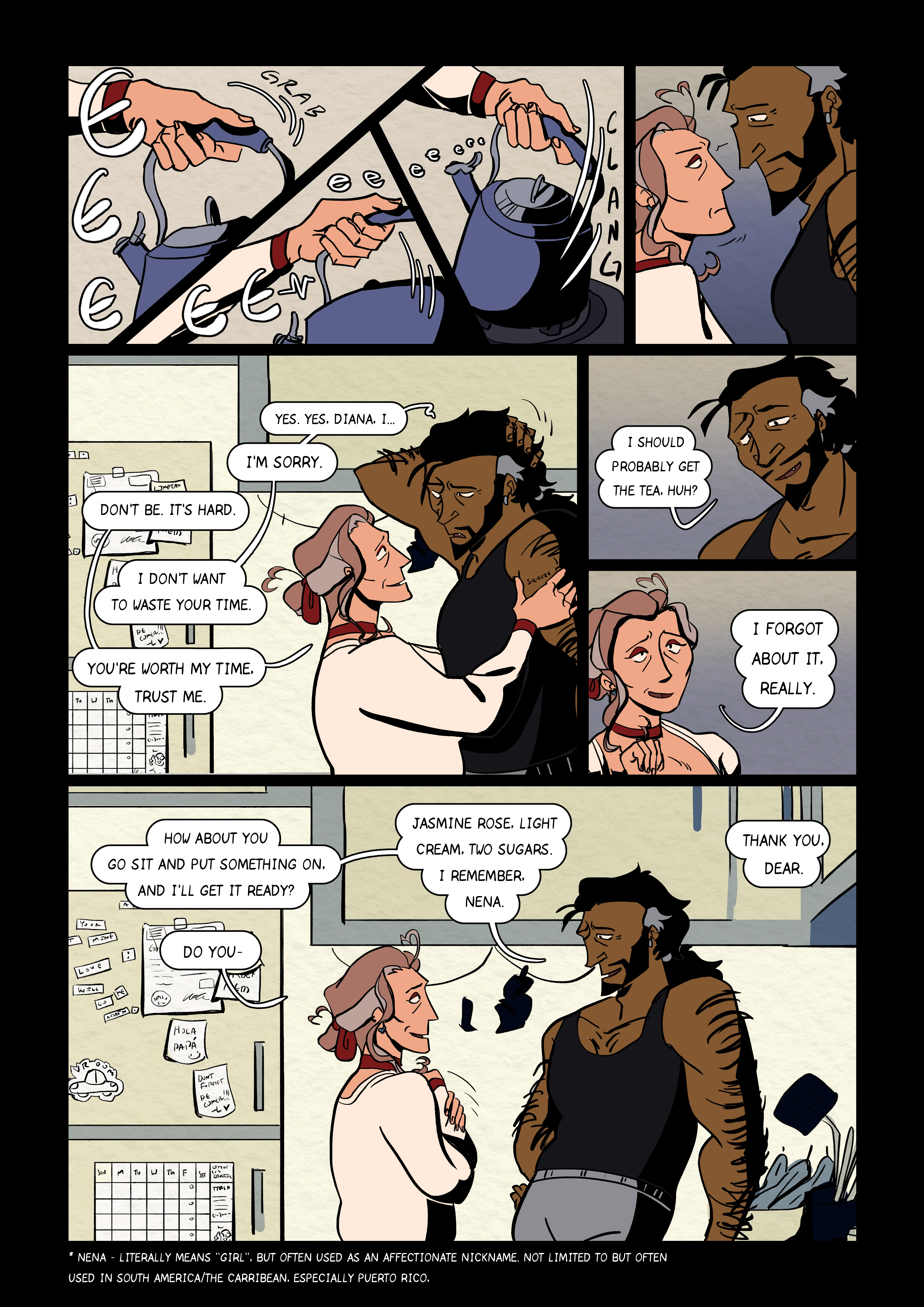 Page 4 of El Lobo Solitario - A short comic depicting a man and a woman talking about their lives.